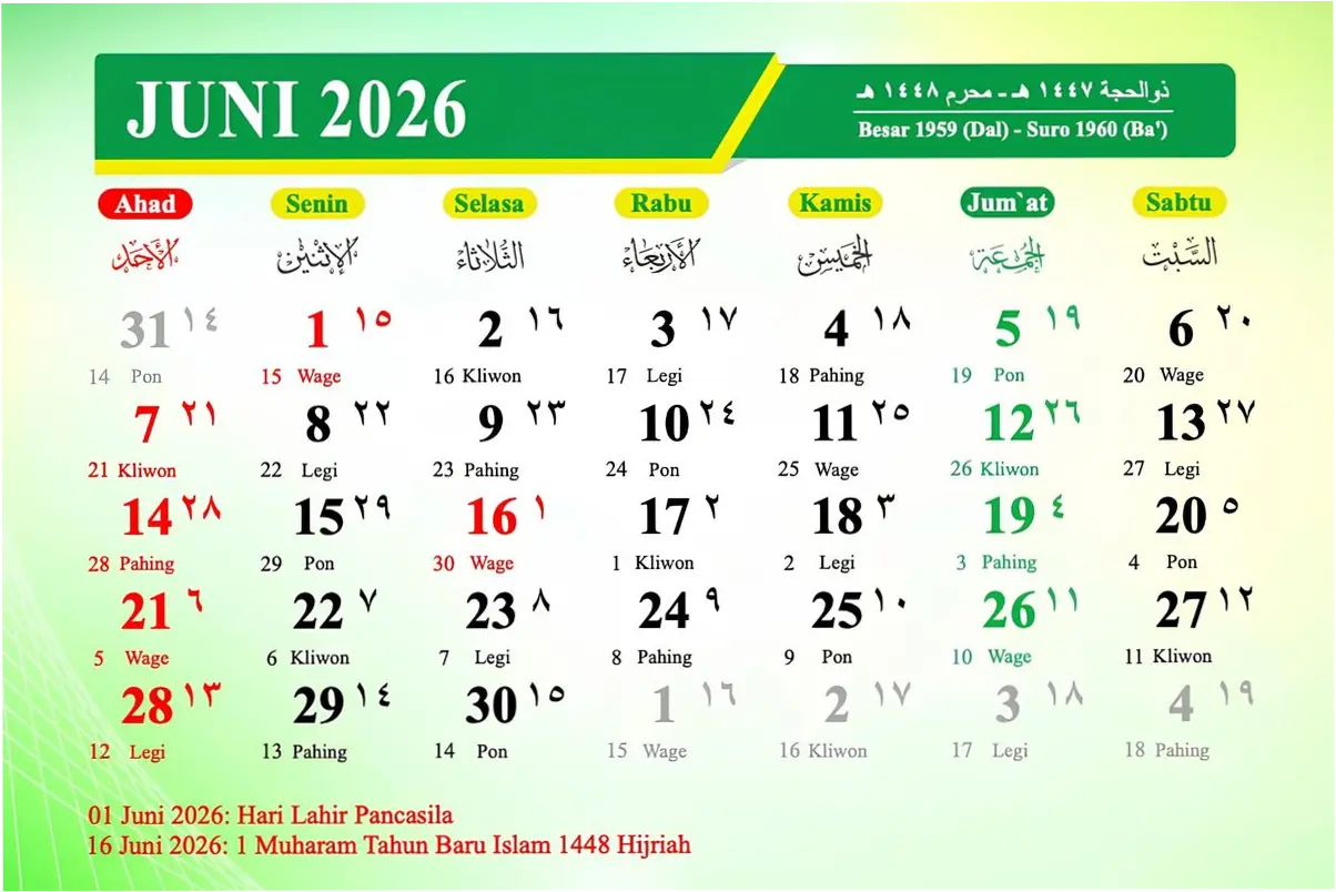 Kalender Juni 2026: Tanggal Merah, Libur Nasional, dan Long Weekend